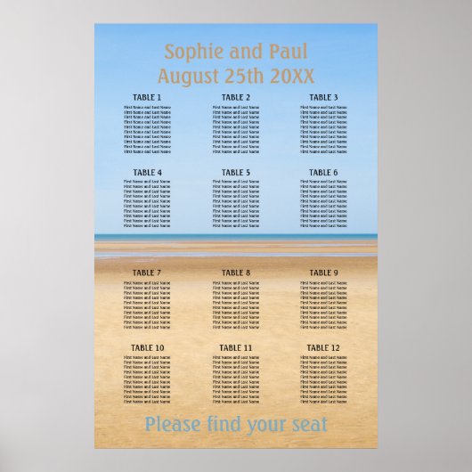 12 Tafel Strand Bruiloft Zitplaatsenkaart Poster (Voorkant)
