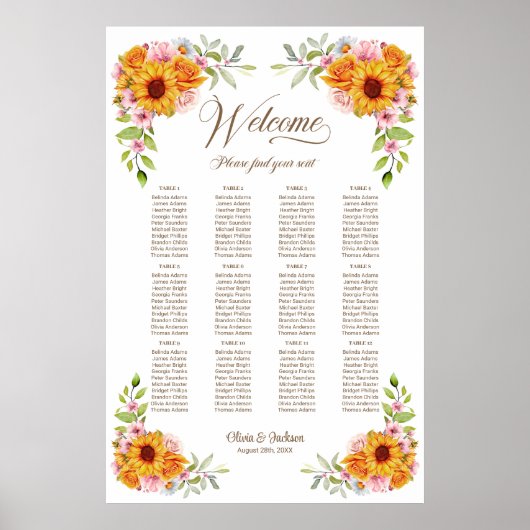 12 Tafel Sunflower Rozen Bruiloft Zitplaatskaart Poster (Voorkant)