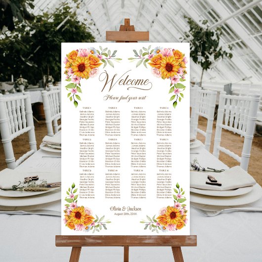 12 Tafel Sunflower Rozen Bruiloft Zitplaatskaart Poster
