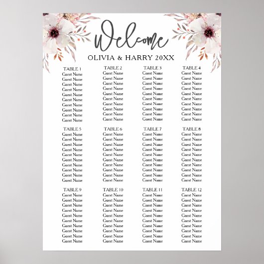 12 Tafel Waterverf Bloemen Bruiloft Zitkaarten Poster (Voorkant)
