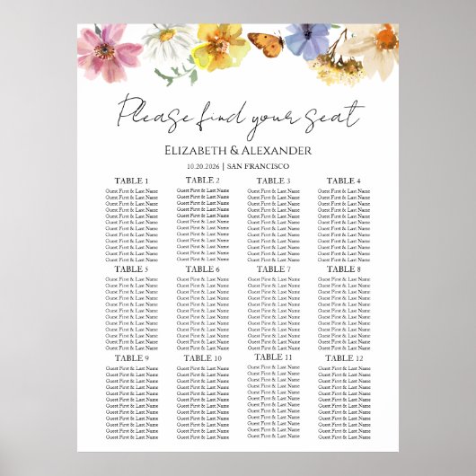 12 Tafel Wildflower Boho Bruiloft Zitkaarten Poster (Voorkant)