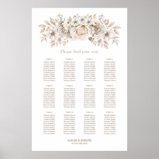 12 Tafel Wit Bloemen Bruiloft Zitkaarten Poster (Voorkant)