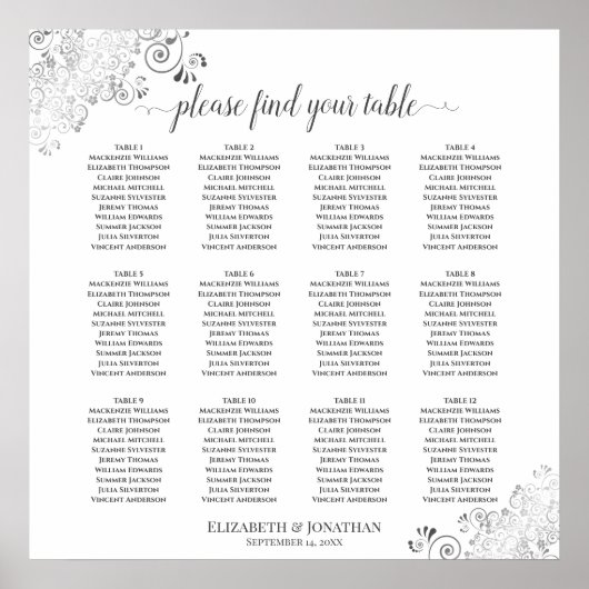 12 Tafel-witbruiloft-zitje Silver Frills Poster (Voorkant)