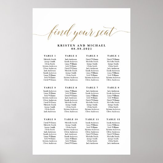 12 Tafels 120 Gasten Vind Je Plaats Zitplaatskaart Poster (Voorkant)