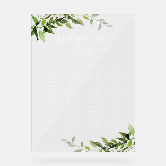 12 Tafels Groen Bruiloft Zitschema Acryl Bord (Voorkant)