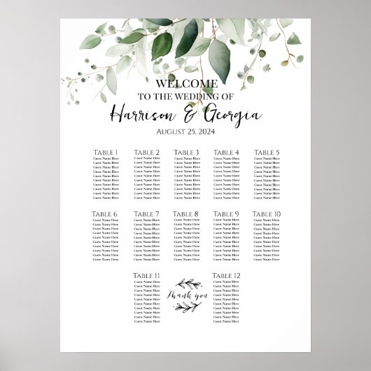 12 tafels groen elegante trouwstoelindeling poster (Voorkant)