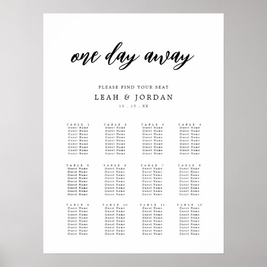 12 Tafels Huwelijksrepetitie Diner Zitkaart Poster (Voorkant)