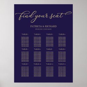 12 Tafels Trouw Stoelenplan Chic Goud Navy Blauwe Poster