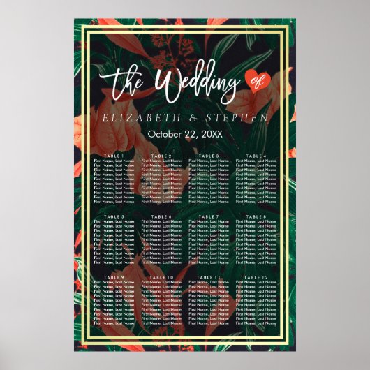 12 Tafels Zitkaart Tropisch Bloemen Goud Lijst Poster (Voorkant)