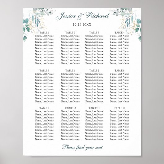 12 Tafels zitplaatskaart poster bord (Voorkant)