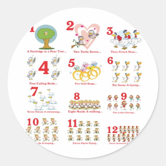 12 twaalf dagen van kerst compleet ronde sticker (Voorkant)