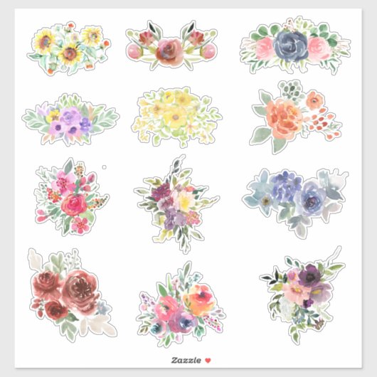 12 Waterverf bloemen Sticker (Vel)
