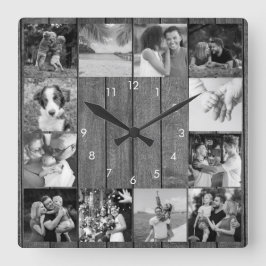 12 Zwart-wit fotocollage Rustic Hout Vierkante Klok