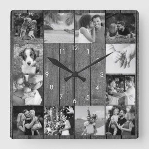 12 Zwart-wit fotocollage Rustic Hout Vierkante Klok
