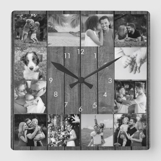 12 Zwart-wit fotocollage Rustic Hout Vierkante Klok (Voorkant)