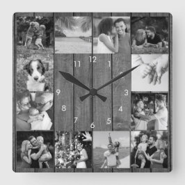 12 Zwart-witte foto Collage Rustic Wood Vierkante Klok