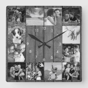 12 Zwart-witte foto Collage Rustic Wood Vierkante Klok