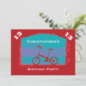12e, 13e, 14e verjaardagsfeestje, rode fiets kaart (Staand voorkant)