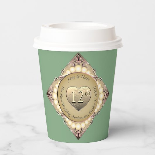 12e/30e Pearl & Groen Bruiloft Jubileum Papieren Bekers (Achterkant)
