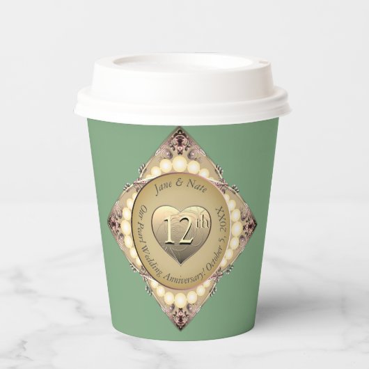 12e/30e Pearl & Groen Bruiloft Jubileum Papieren Bekers (Voorkant)