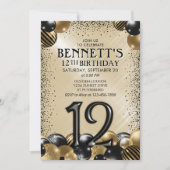 12e ballonnen zwart goud verjaardag kaart (Voorkant)