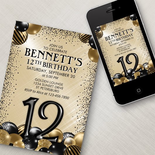 12e ballonnen zwart goud verjaardag kaart