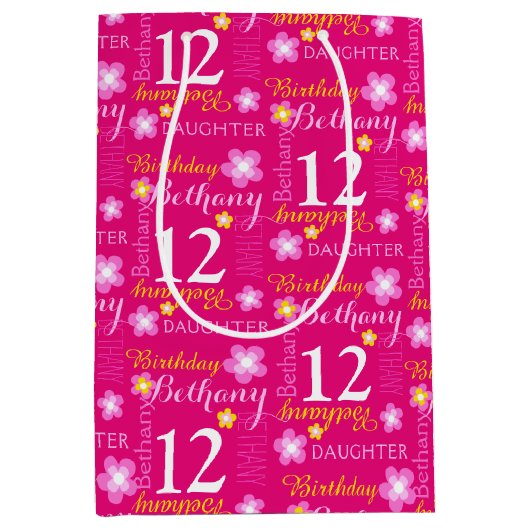 12e Birthday roze gele aangepaste naam cadeautas (Voorkant)