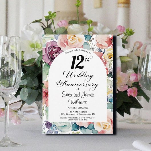 12e bruiloft Jubileum Elegant Script Floral Kaart