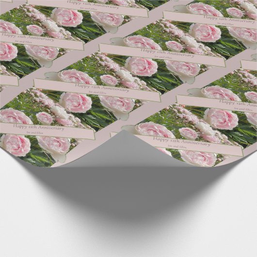 12e bruiloft Jubileum, pioenroos bloem Cadeaupapier (Hoek)