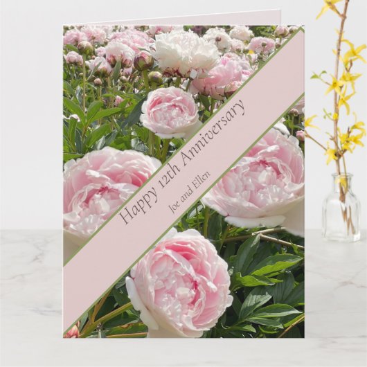 12e bruiloft Jubileum, pioenroos bloem Kaart (Gele Bloem)