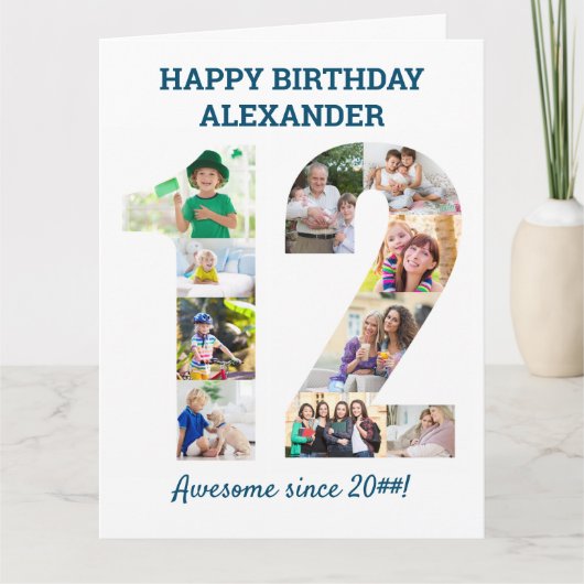 12e geboortedag nummer 12 Blauwe foto-inkuilKaart Kaart (Voorkant)