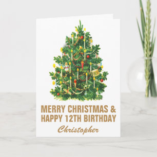 12e gelukkige verjaardag en vrolijke kerstboom kaart