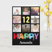 12e Gelukkige Verjaardag Fotocollage Modern Zwart Kaart (Gele Bloem)