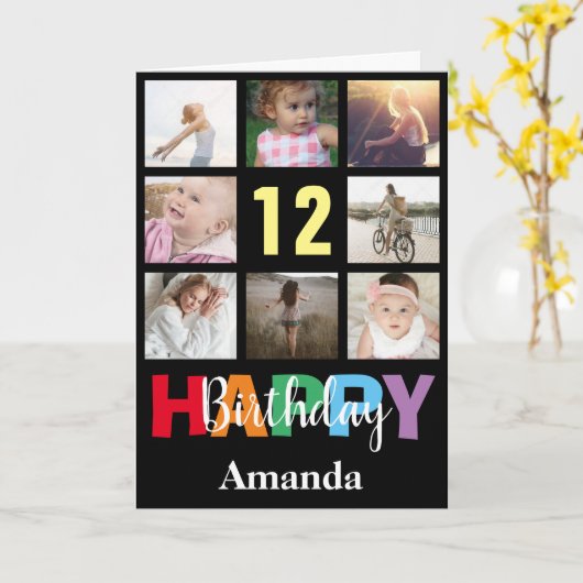 12e Gelukkige Verjaardag Fotocollage Modern Zwart Kaart (Gele Bloem)