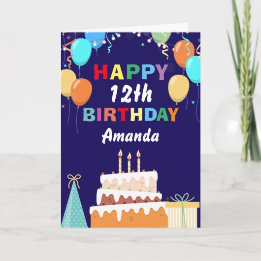 12e Happy Birthday Balloons Cake Navy Blue Kaart (Voorkant)