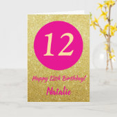 12e Happy Birthday Hot Pink en Gold Glitter Kaart (Gele Bloem)