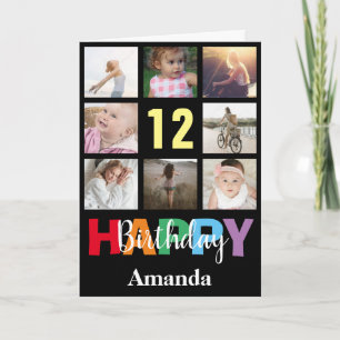 12e Happy Birthday Photo Collage Modern Black Kaart