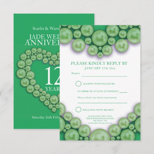 12e Jade bruiloft, hartslagkaart RSVP Kaartje (Voorkant / Achterkant)