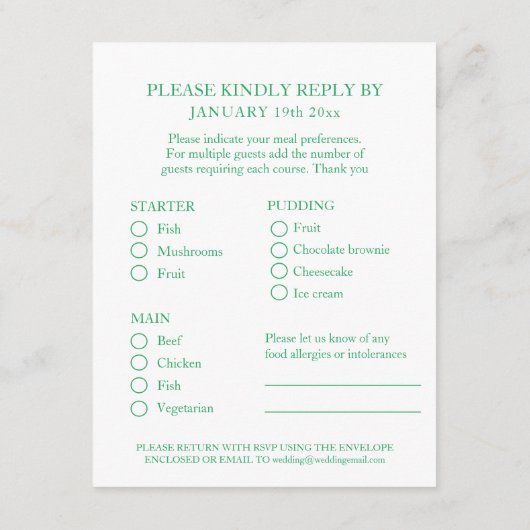 12e Jade Wedding Jubileum groene maaltijd keuze Informatiekaartje (Achterkant)