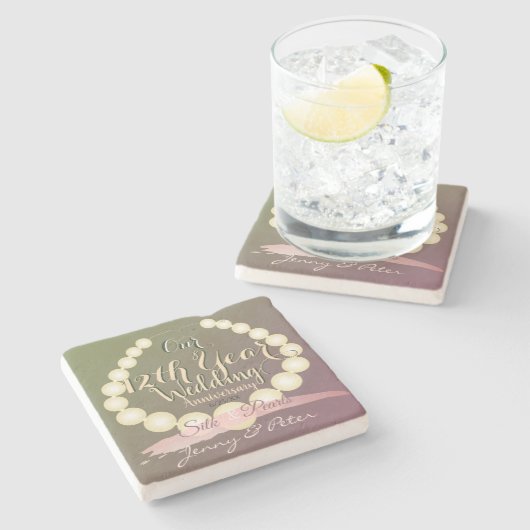12e Jubileum van de bruiloft Zijde en Parels Stenen Onderzetter (Zijkant)