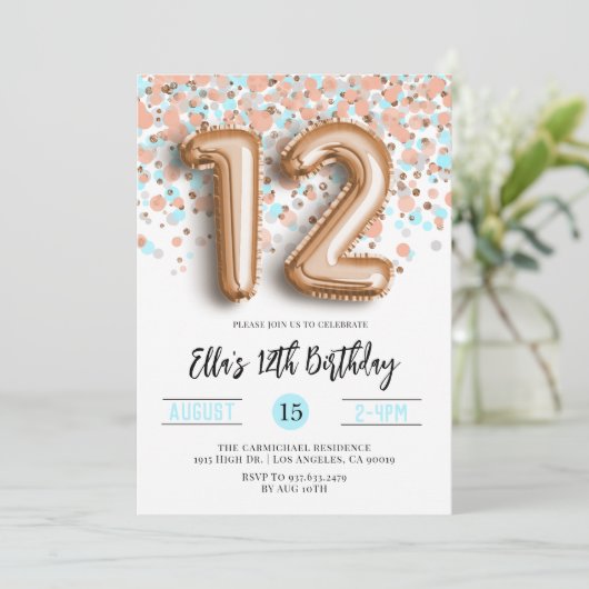 12e Roos Gold Birthday Uitnodiging (Staand voorkant)