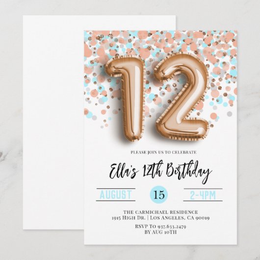 12e Roos Gold Birthday Uitnodiging (Voorkant / Achterkant)