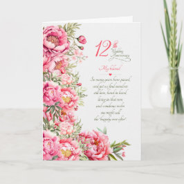 12e trouwdag met sentimentele roze pioenrozen kaart