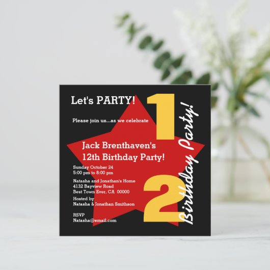 12e TWEEN'S Birthday Modern BLACK RED Star T02C Kaart (Staand voorkant)