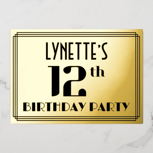 12e verjaardag: Art Deco Kijk "12" en naam Folie Uitnodiging (Voorkant)