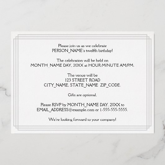 12e verjaardag: Art Deco Kijk "12", met naam Folie Uitnodiging (Achterkant)