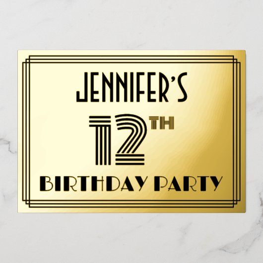 12e verjaardag — Art Deco Style "12" en naam Folie Uitnodiging (Voorkant)