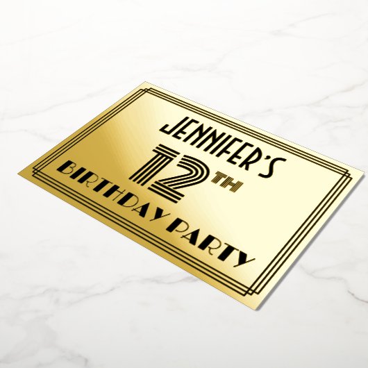 12e verjaardag — Art Deco Style "12" en naam Folie Uitnodiging (Gedraaid)