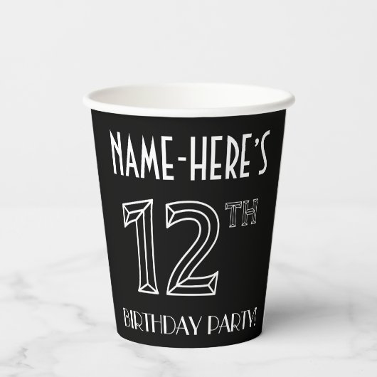 12e verjaardag: Art Deco Style + aangepaste naam Papieren Bekers (Achterkant)