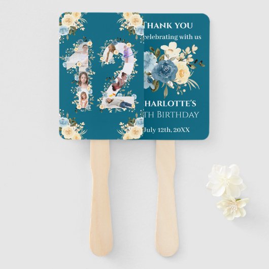 12e verjaardag Blauwgroen foto-inkuiling Bloem Gee Handwaaier (Voorkant en achterkant)